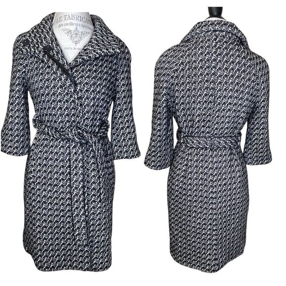 Bebe Wool Blend Belted Coat Snap Buttons Black White Metallic Silver Threads Sm - Picture 1 of 17
